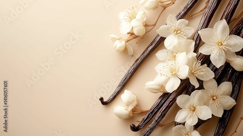 Vanilla bean pods and blossoms on a beige surface.