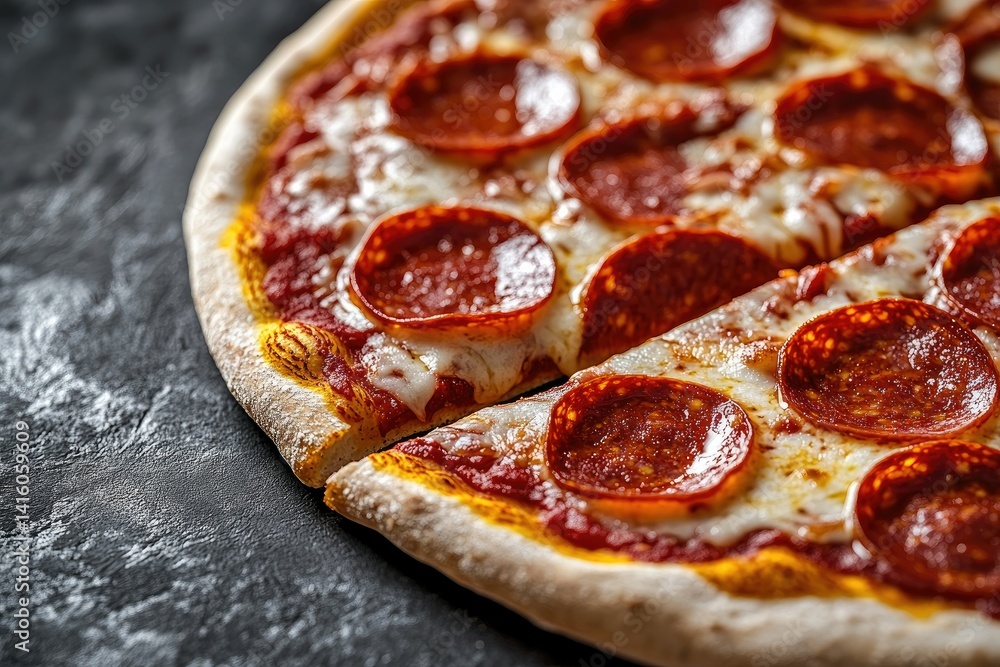 A freshly baked pepperoni pizza with a golden crust and melted cheese. served on a dark stone surface. ideal for food photography or culinary blogs A freshly baked pepperoni pizza with a golden crust and melted cheese. served on a dark stone surface. ideal for food photography or culinary blogs