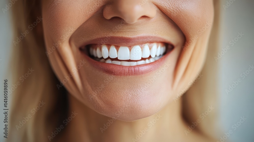 Obraz premium Woman's bright smile, close-up, indoor, neutral background, dental advertisement