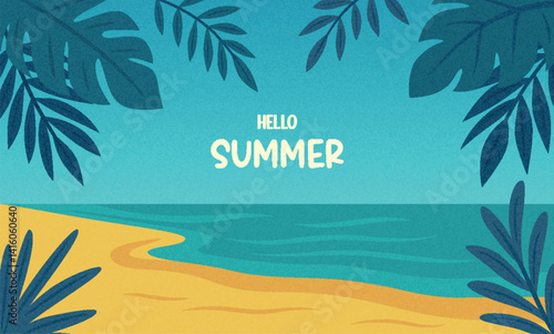 Hello Summer. Vector Beach Illustration with Tropical Leaves, Sea and Sand. Flat Cartoon Vector Background for Seasonal Poster, Travel Banner, Holiday Card, Vacation Concept, Summer Greeting Design