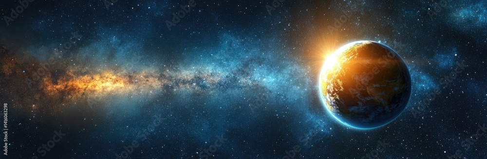 Naklejka premium A breathtaking view of Earth from space. showcasing the vibrant blue oceans and swirling clouds. illuminated by a stunning sunrise against a backdrop of distant stars and galaxies