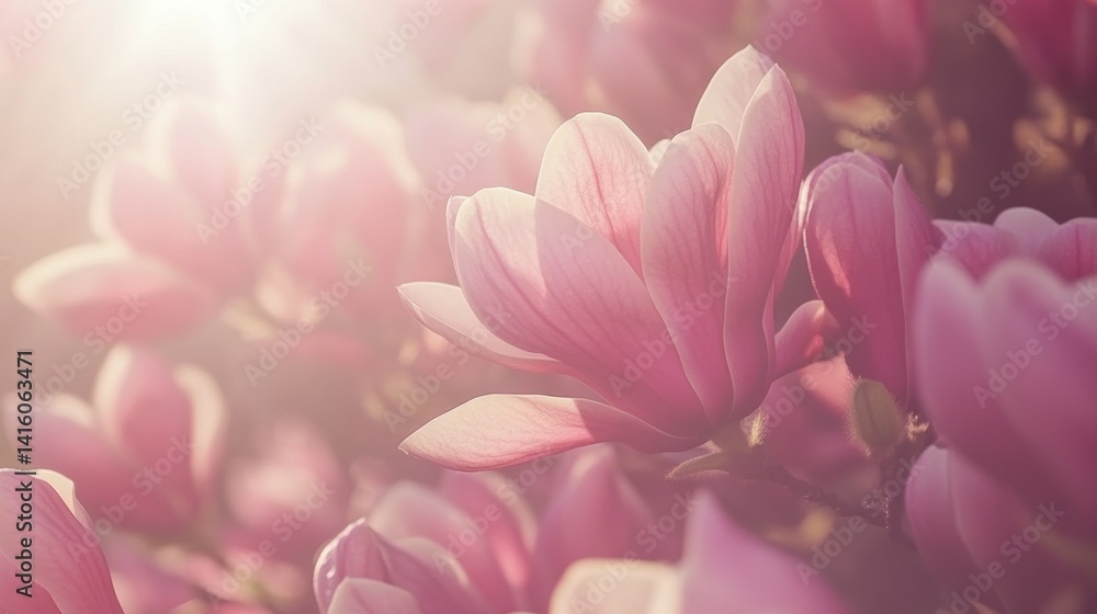 Pink magnolia blossoms basking in golden sunlight during an early spring morning in a peaceful garden setting Pink magnolia blossoms basking in golden sunlight during an early spring morning in a peaceful garden setting