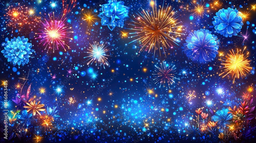 Festive night sky with bursts of color and light Festive night sky with bursts of color and light