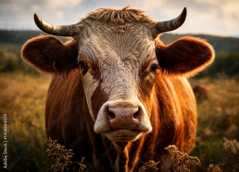 Golden Hour Portrait of a Horned Brown Cow in a Peaceful Meadow Landscape Golden Hour Portrait of a Horned Brown Cow in a Peaceful Meadow Landscape