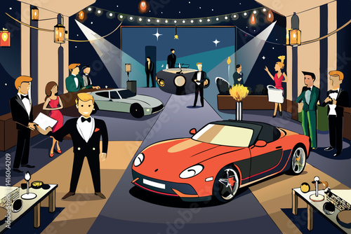 A luxurious cartoon gala scene with glamorous guests enjoying a night of fine cars, fashion, and elegance under the spotlight at a lavish event