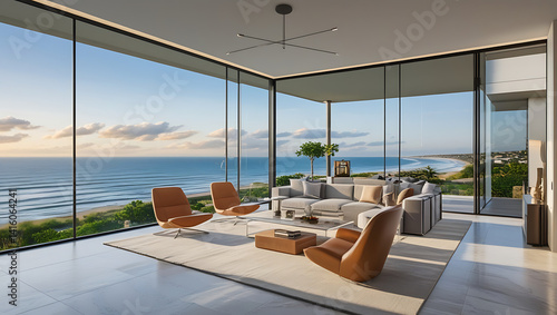 Luxury architecture, ocean front property landscape. Modern living room interior design with sleek contemporary designer furniture, minimalist decor large windows, panoramic coastal view background