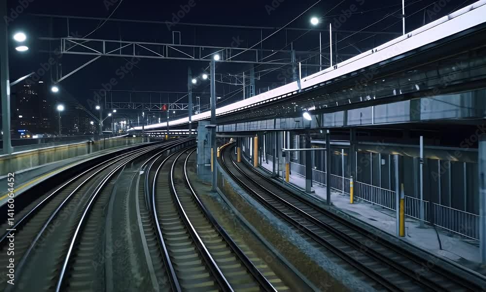 Train tracks curve into the distance under a night sky. Elevated platforms and city lights frame the scene, offering a calm mood Train tracks curve into the distance under a night sky. Elevated platforms and city lights frame the scene, offering a calm mood