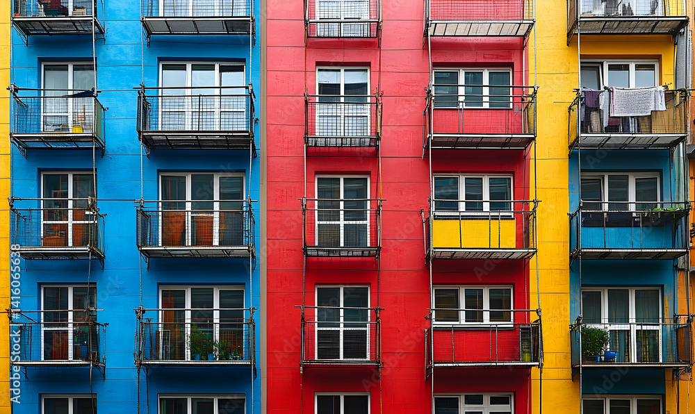Obraz premium Colorful apartment building facade with vibrant blue, red, and yellow walls and balconies