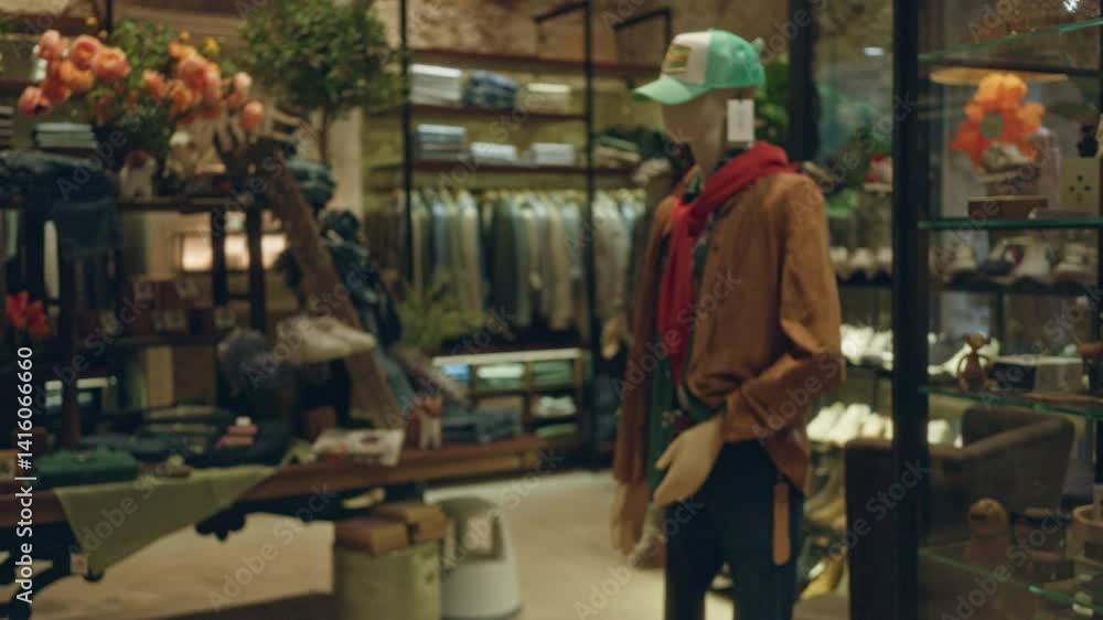 Mannequin displayed in decorative clothing shop with blurred background showcasing apparel and a variety of accessories, creating an ambient indoor shopping atmosphere. Mannequin displayed in decorative clothing shop with blurred background showcasing apparel and a variety of accessories, creating an ambient indoor shopping atmosphere.