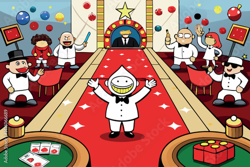 A bustling luxury casino night scene featuring glamorous guests, roulette tables, slot machines, and an energetic atmosphere of high class entertainment