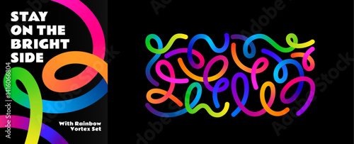 Color Abstract Lines. 3D Shapes with Gradient on Black Background. Color Vector Graphic Design. Wave and Spiral Rainbow Pattern.