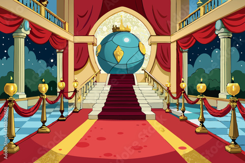 A lavish cartoon ballroom scene with golden chandeliers, grand staircase, and opulent decorations setting the stage for a glamorous celebration