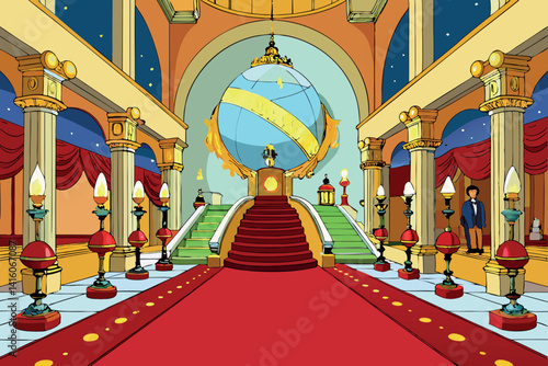A royal cartoon ballroom scene with a grand staircase, golden accents, and beautiful chandeliers, creating a lavish setting for a high class event