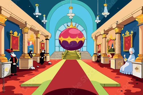 A cartoon scene of a grand ballroom, where luxury meets extravagance with ornate decorations, golden accents, and a majestic staircase as a focal point