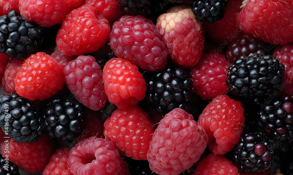 A picture, with raspberries and blackberries all over the picture, Generative AI A picture, with raspberries and blackberries all over the picture, Generative AI