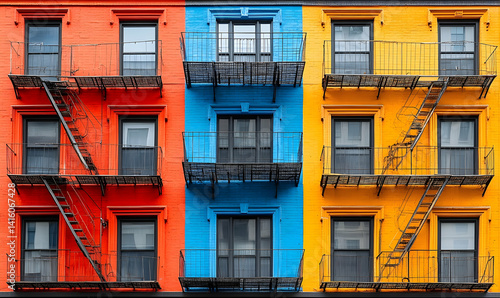 Colorful urban apartment building facade with vibrant orange, blue, and yellow walls and fire escapes