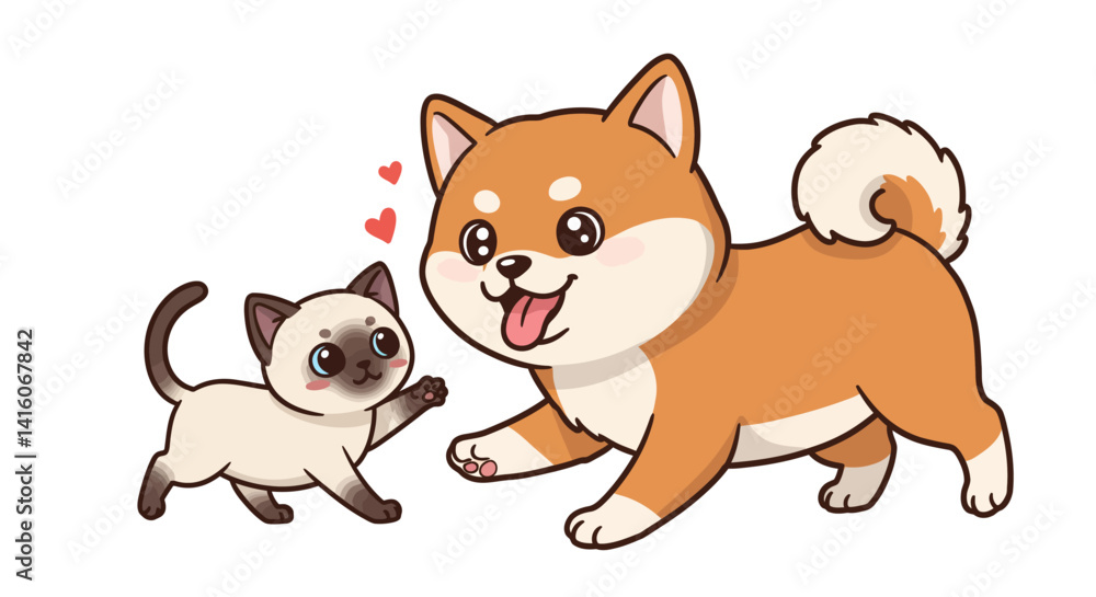 There is a dog and cat playing together on white background... There is a dog and cat playing together on white background...