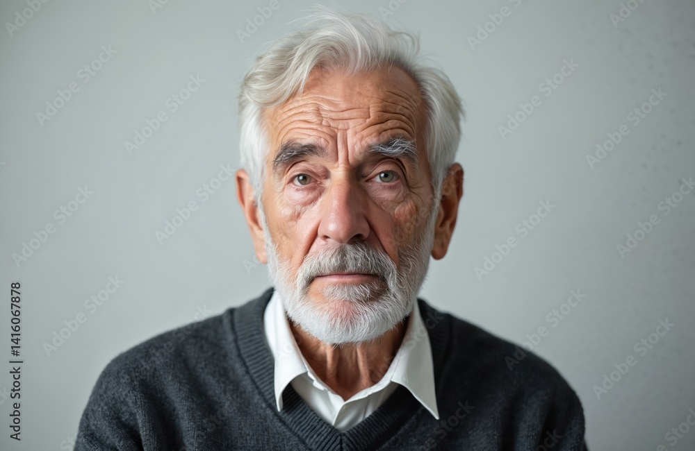 Portrait senior man wearing dark sweater against grey background. Elderly guy with white hair and beard. Mature male looking at camera. Serious, calm face. Older person with casual clothes. Portrait senior man wearing dark sweater against grey background. Elderly guy with white hair and beard. Mature male looking at camera. Serious, calm face. Older person with casual clothes.