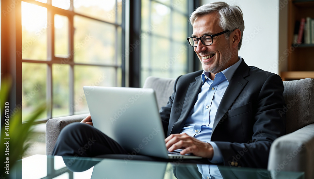 A smiling senior businessman sitting on a cozy couch, working on his laptop, showcasing a blend of productivity and comfort in a modern, well-lit living space. A smiling senior businessman sitting on a cozy couch, working on his laptop, showcasing a blend of productivity and comfort in a modern, well-lit living space.