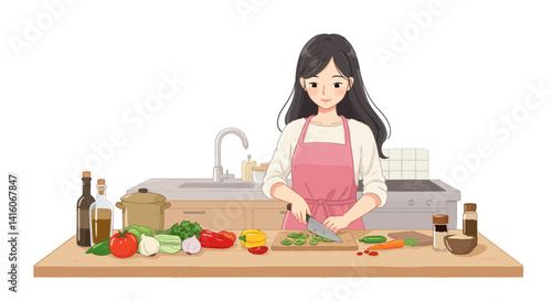 Illustration of a woman chopping vegetables on cutting board in kitchen...