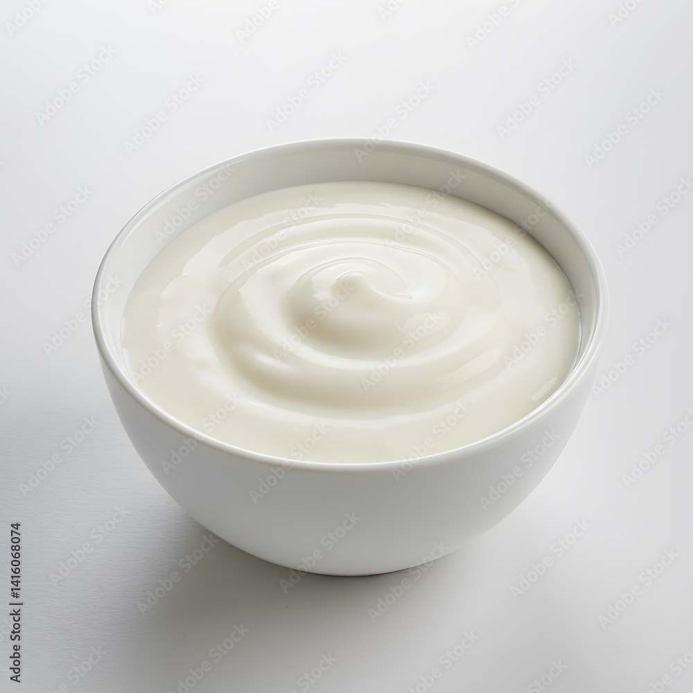 Smooth plain yogurt in a white ceramic bowl, ideal for packaging mockups or healthy food presentations on clean background Smooth plain yogurt in a white ceramic bowl, ideal for packaging mockups or healthy food presentations on clean background