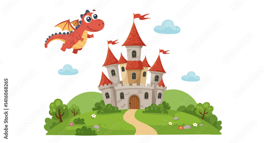 Illustration of a castle with dragon flying over it and path leading to... Illustration of a castle with dragon flying over it and path leading to...