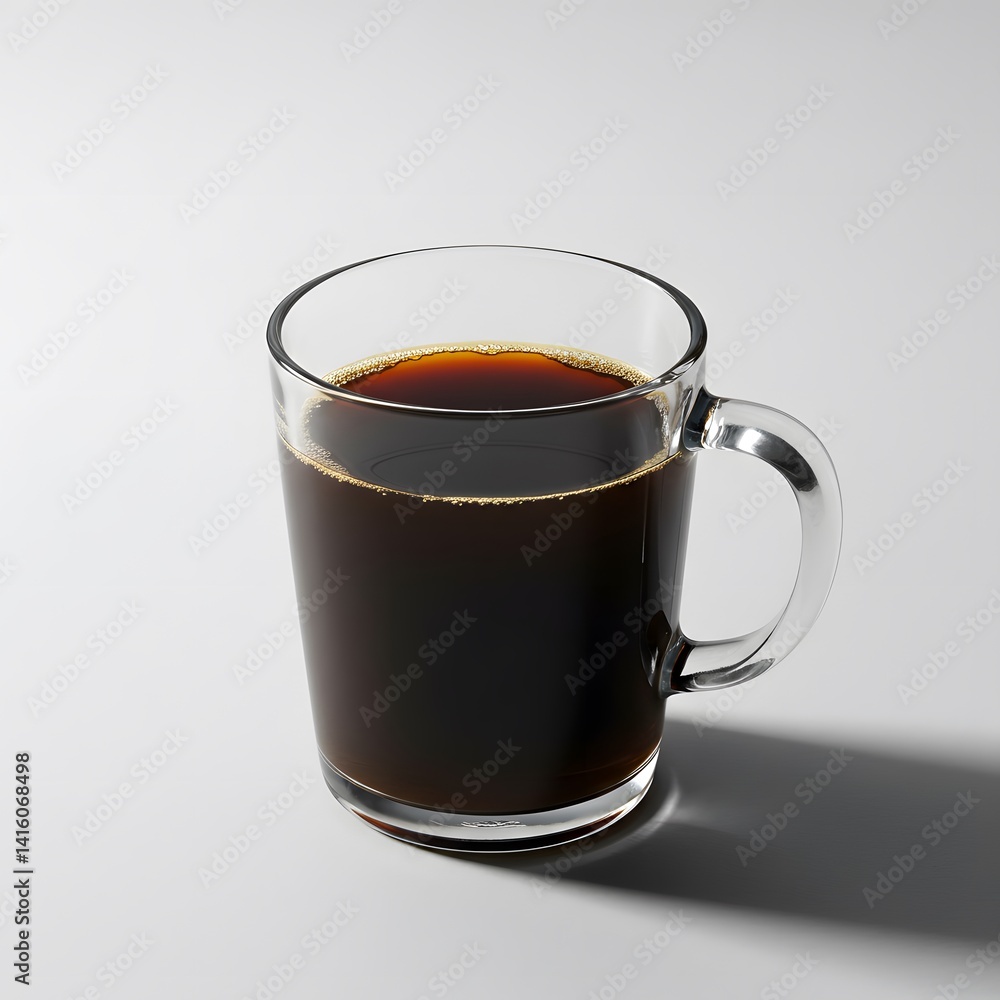 Glass mug filled with black coffee on white surface with soft shadows, ideal for caffeine product branding and minimal mockups Glass mug filled with black coffee on white surface with soft shadows, ideal for caffeine product branding and minimal mockups