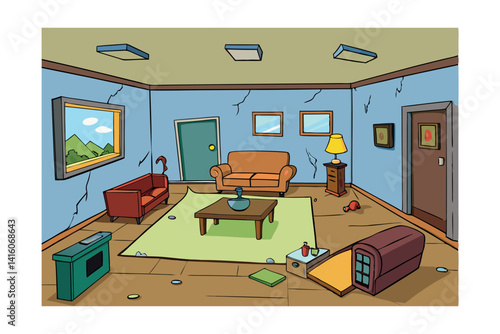 Interior of a dilapidated living room with old furniture, broken walls, and scattered objects, showcasing a neglected and poor living environment