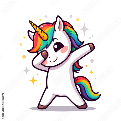 Cute cartoon unicorn dabbing vector illustration rainbow mane and tail design