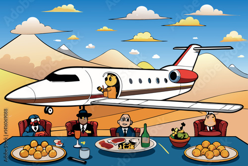 Private jet dining experience in a lavish cartoon setting, featuring fine dining, elite passengers, and a lavish landscape backdrop