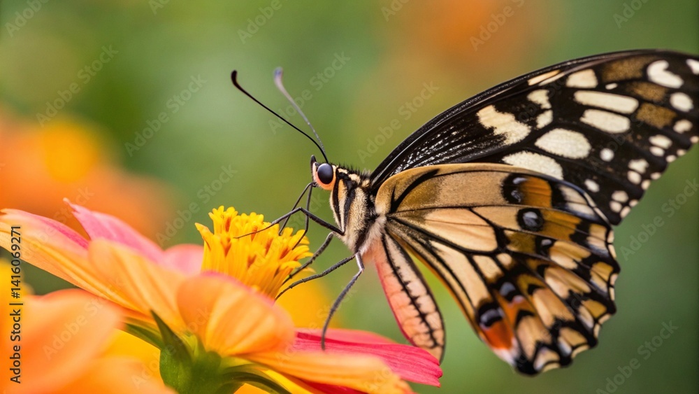Lime butterfly with black and yellow wings feeding on an orange and yellow flower. Represents nature, insects, and pollination Lime butterfly with black and yellow wings feeding on an orange and yellow flower. Represents nature, insects, and pollination