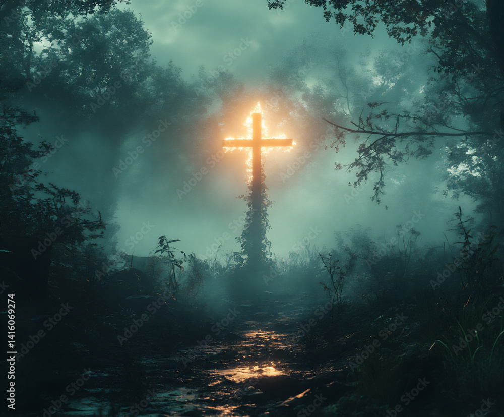 Naklejka premium a glowing cross in a mystical forest, serene atmosphere, ethereal light, detailed, 4k.