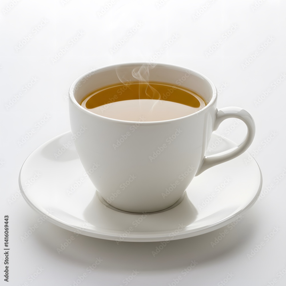 White teacup filled with green tea and subtle steam on clean white background, ideal for health drink visuals and branding White teacup filled with green tea and subtle steam on clean white background, ideal for health drink visuals and branding