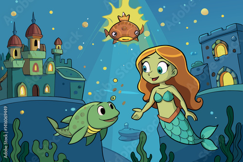 A magical underwater kingdom full of vibrant fish, mysterious ruins, and an inquisitive mermaid in a colorful animated scene