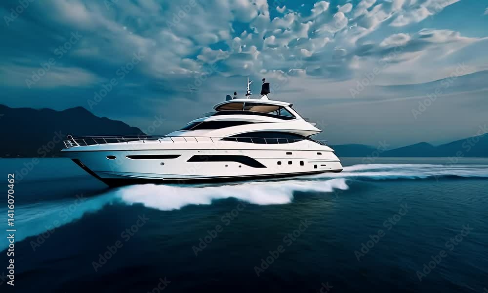 A white yacht sails on the ocean, leaving a wake behind it against a cloudy sky and distant mountains A white yacht sails on the ocean, leaving a wake behind it against a cloudy sky and distant mountains