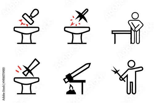 Line art depiction of a blacksmiths forge with workers crafting tools and glowing sparks flying from the anvil