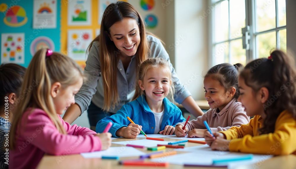A teacher interacts positively with a group of elementary students enjoying creative activities in a classroom. The environment is lively, nurturing, and educational, with children expressing creative A teacher interacts positively with a group of elementary students enjoying creative activities in a classroom. The environment is lively, nurturing, and educational, with children expressing creative