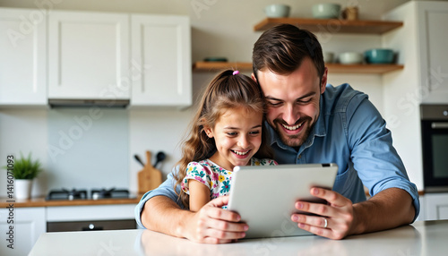 Wallpaper Mural A father and his young daughter happily using a digital tablet together in a cozy kitchen, emphasizing family technology interaction and creating loving childhood memories in a bright, modern setting Torontodigital.ca
