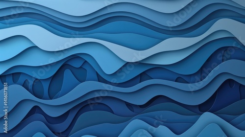 Layer blue paper cut texture. Abstract wavy pattern design. Background image of gradient blue color with wavy pattern. Background image of gradient paper cut with wavy texture. Ocean concept. AIG51.