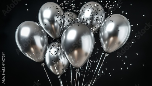 Shiny silver balloons with confetti on black background
