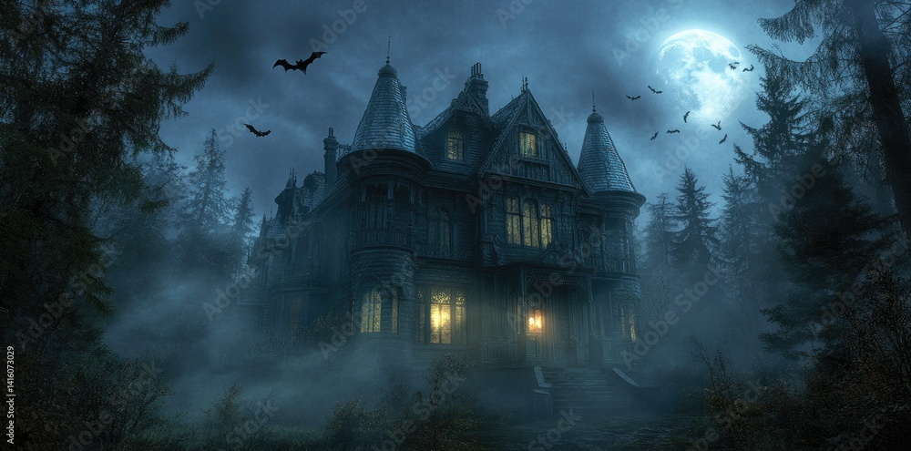 A hauntingly beautiful old mansion illuminated by warm light in a foggy. moonlit forest. with bats flying in the eerie night sky. creating a spooky atmosphere A hauntingly beautiful old mansion illuminated by warm light in a foggy. moonlit forest. with bats flying in the eerie night sky. creating a spooky atmosphere