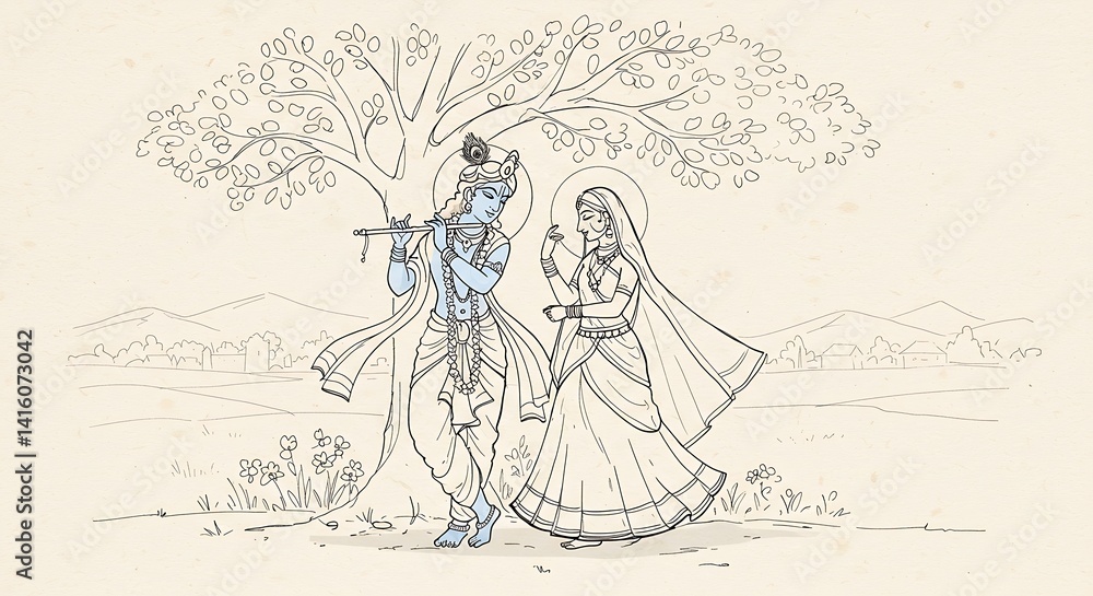 Depiction of Krishna and Radha Under Tree: A Divine Love Story Illustration Depiction of Krishna and Radha Under Tree: A Divine Love Story Illustration