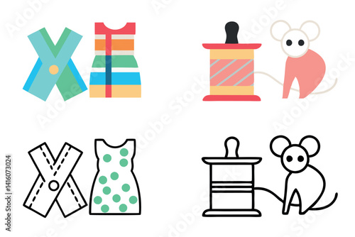 Line Art depiction of a small room adorned with colorful fabrics, spools of thread, and sewing essentials, perfect for crafting