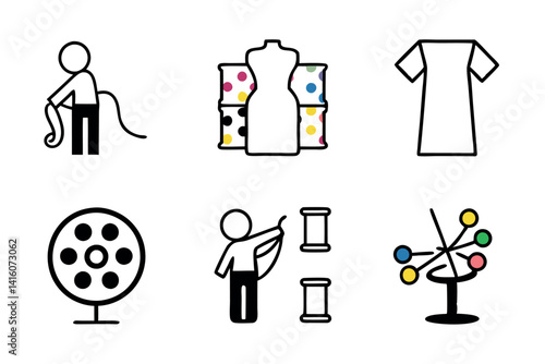 Line Art illustration of a vibrant fabric room, complete with spools of thread and sewing accessories, offering a cozy atmosphere for creativity