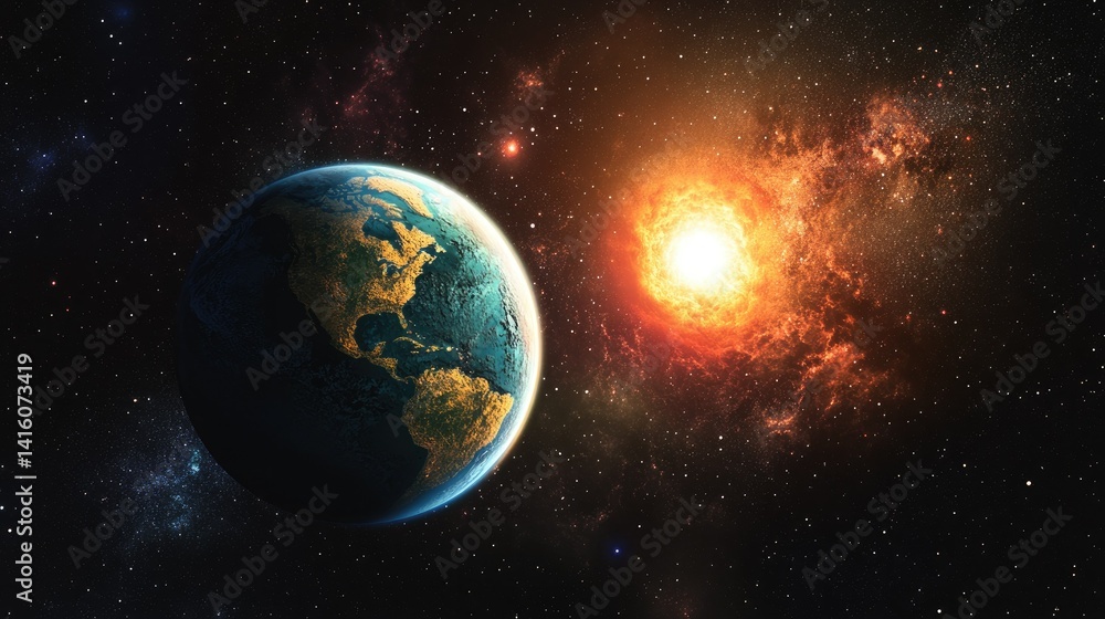 Obraz premium A stunning cosmic scene depicting Earth in the foreground with a vibrant sun and swirling galaxy in the background. illustrating the vastness of space and celestial beauty