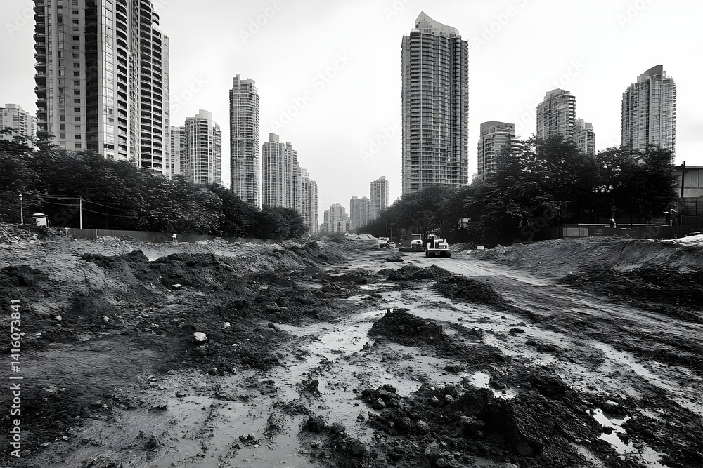 Fototapeta premium Urban construction site with muddy terrain and high-rise buildings in the background