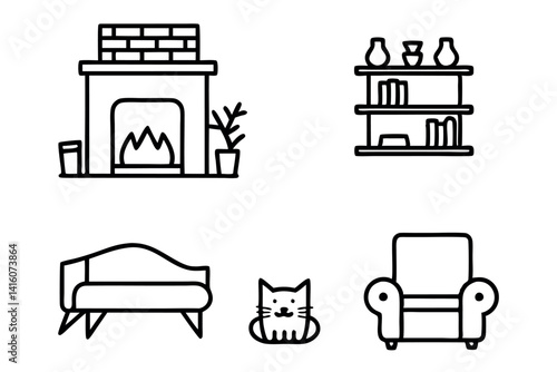 Line Art drawing of a modern, yet quaint living room with comfortable seating and a fireplace, creating a welcoming and homely atmosphere