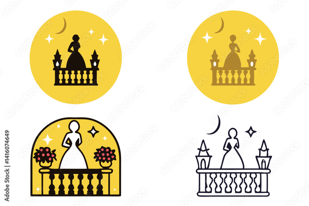 Obraz premium Illustration of a romantic balcony scene under the stars and moon, with a dreamy and magical vibe enhanced by a peaceful floral setting