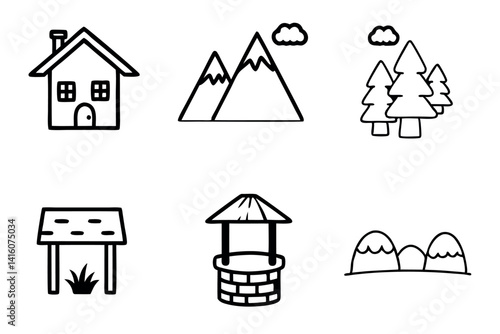 Whimsical cartoon house in a tranquil outdoor environment, with trees and a distant landscape, creating a peaceful, rustic vibe
