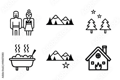 Luxury alpine line art featuring a beautiful snow covered mountain landscape with a relaxing hot tub and cozy cabin